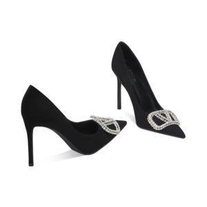 French Style Black High Heels for Women with Slim Heels, New Comfortable Suede Pointed Sexy Rhinestone Buckle Single Shoes