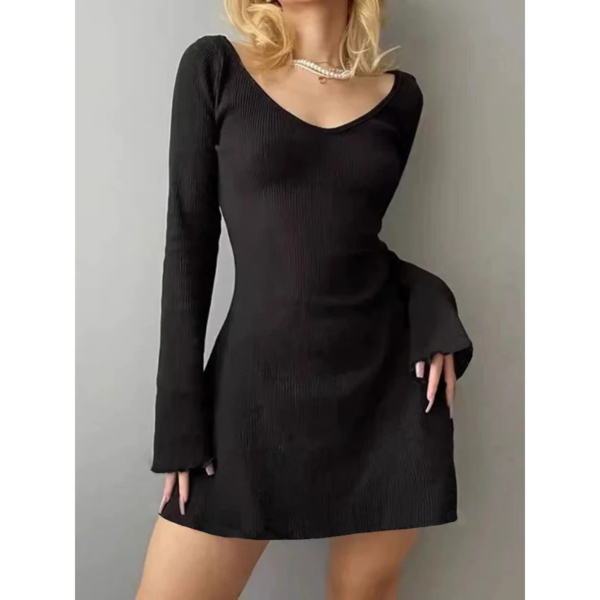 Elegant and Pretty Women Dresses Autumn Winter New Black Sexy Short Dress Female V Neck Long Sleeve Slim Solid Color Mini Dress - Image 6