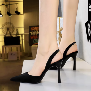 Women Fashion Simple Pointed Toe High-Heeled Summer Sandals Party Black Shallow Mouth Hollow Back Strap Office Slingback Shoes