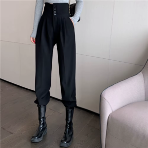 YUANYUANJYCO Spring Autumn Women Long Casual Harem Pants Korean Style Fashion High Waist Buttons Khaki Black Cargo Trousers